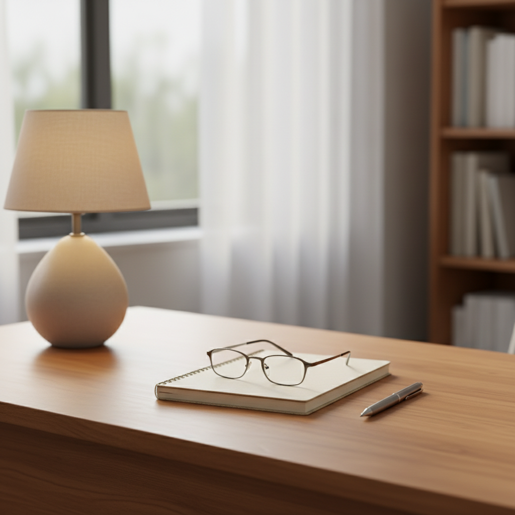 Un escritorio ordenado de consultoría psicológica visto desde un ligero ángulo cenital, con superficie de madera cálida impecable. Encima, un cuaderno de tapa blanda color crema con bordes ligeramente texturizados, un par de gafas descansando sobre él y un portaminas metálico alineado con cuidado. A un lado, una lámpara de mesa con pantalla de lino beige proyecta una luz cálida y suave, mientras que al fondo una ventana con cortinas blancas translúcidas deja entrar luz de tarde muy difusa. El fondo está ligeramente desenfocado, insinuando estanterías con libros de tapa neutra. Fotografía de realismo limpio, composición equilibrada y serena, que evoca reflexión, claridad mental y espacio para pensar.