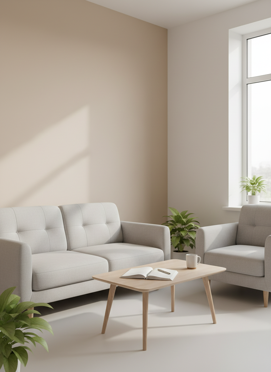 Una sala de consultoría psicológica luminosa y minimalista sin presencia humana, con un sillón de tela gris claro de textura suave y un sillón individual a juego frente a una mesita baja de madera clara. Sobre la mesa, una libreta abierta, un bolígrafo metálico y una taza de cerámica blanco mate. Grandes ventanales dejan entrar luz natural difusa de mañana, que suaviza los tonos beige y arena de las paredes lisas. Plantas verdes en macetas sencillas aportan vida sin recargar el espacio. Fotografía a nivel de ojos, encuadre en regla de tercios, profundidad de campo media que mantiene la estancia nítida. Estilo realista, limpio y profesional, transmitiendo calma, contención y confianza.