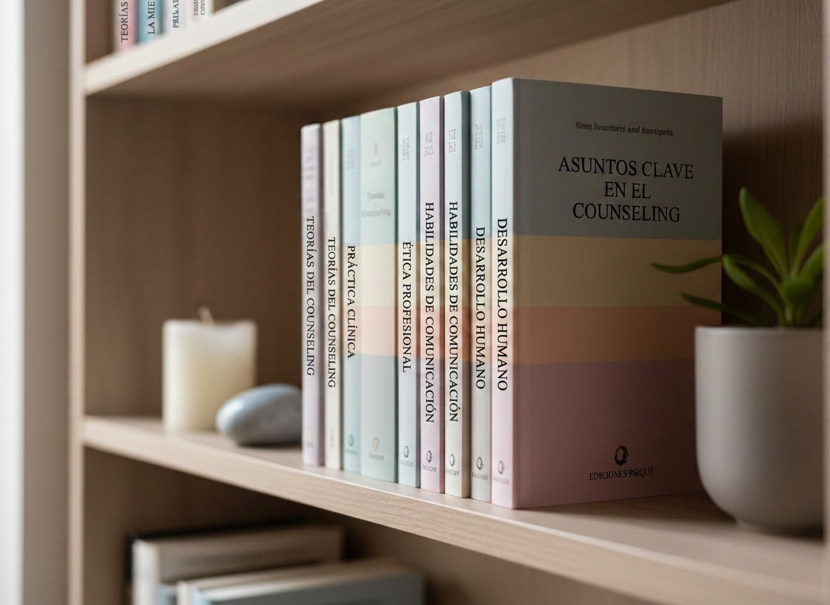 Una colección de libros de psicología y desarrollo personal dispuestos en una estantería de madera clara, vistos en fotografía en primer plano lateral. Las cubiertas muestran tonos neutros y pastel, sin títulos legibles, solo bandas de color suaves que crean un ritmo visual armónico. Entre los libros hay pequeños detalles: una vela blanca sin encender, una piedra pulida gris azulada y una pequeña planta en maceta de cerámica mate. Luz natural de tarde entra desde la izquierda, creando sombras delicadas y reflejos sutiles en las texturas de papel y cerámica. Composición en regla de tercios, profundidad de campo reducida que enfoca un tramo de lomo de libros y deja el resto en bokeh suave. Ambiente profesional, acogedor y reflexivo.