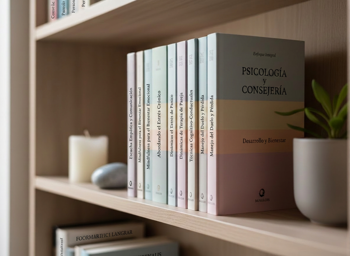 psicología Una colección de libros de psicología y desarrollo personal dispuestos en una estantería de madera clara, vistos en fotografía en primer plano lateral. Las cubiertas muestran tonos neutros y pastel, sin títulos legibles, solo bandas de color suaves que crean un ritmo visual armónico. Entre los libros hay pequeños detalles: una vela blanca sin encender, una piedra pulida gris azulada y una pequeña planta en maceta de cerámica mate. Luz natural de tarde entra desde la izquierda, creando sombras delicadas y reflejos sutiles en las texturas de papel y cerámica. Composición en regla de tercios, profundidad de campo reducida que enfoca un tramo de lomo de libros y deja el resto en bokeh suave. Ambiente profesional, acogedor y reflexivo.