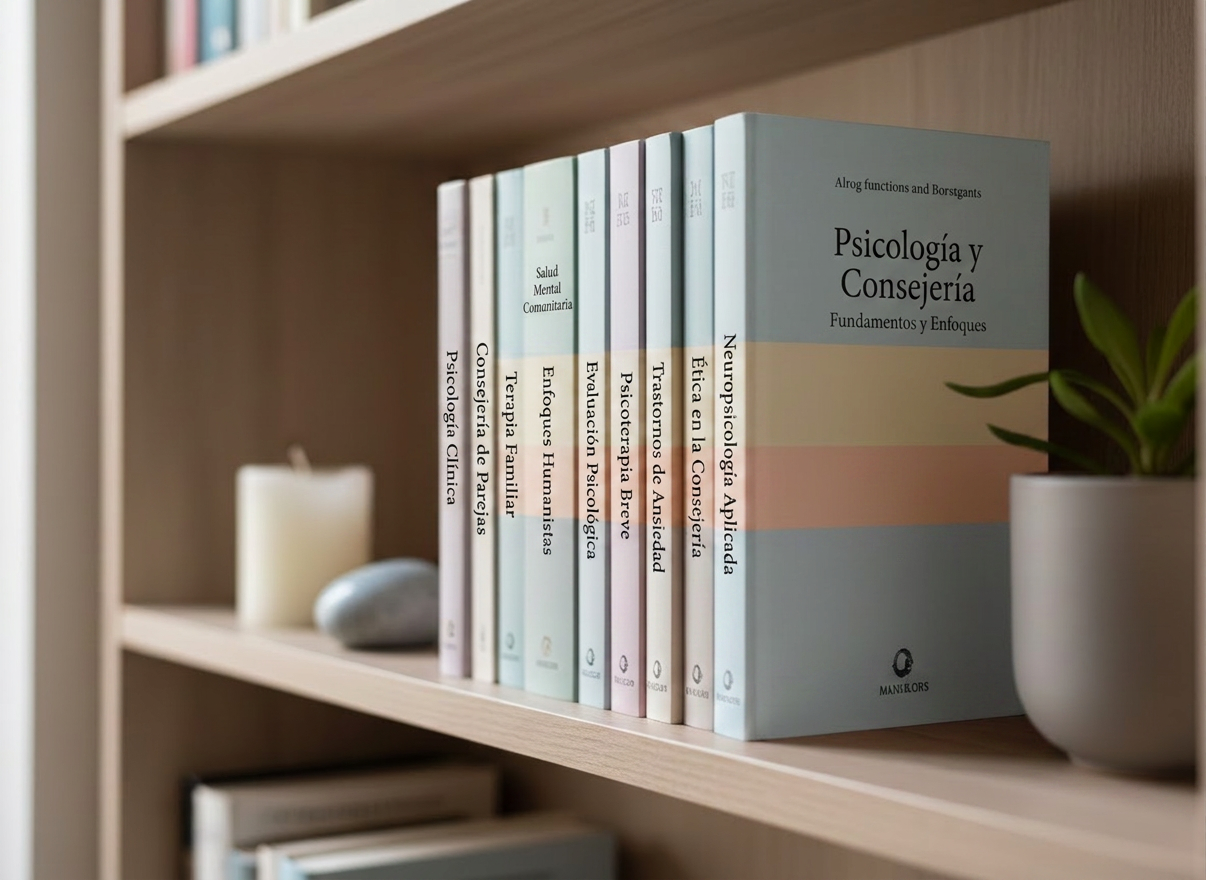psicología Una colección de libros de psicología y desarrollo personal dispuestos en una estantería de madera clara, vistos en fotografía en primer plano lateral. Las cubiertas muestran tonos neutros y pastel, sin títulos legibles, solo bandas de color suaves que crean un ritmo visual armónico. Entre los libros hay pequeños detalles: una vela blanca sin encender, una piedra pulida gris azulada y una pequeña planta en maceta de cerámica mate. Luz natural de tarde entra desde la izquierda, creando sombras delicadas y reflejos sutiles en las texturas de papel y cerámica. Composición en regla de tercios, profundidad de campo reducida que enfoca un tramo de lomo de libros y deja el resto en bokeh suave. Ambiente profesional, acogedor y reflexivo.